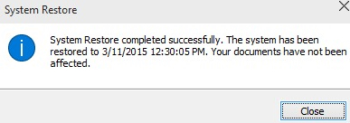 System restore completed successfully-
